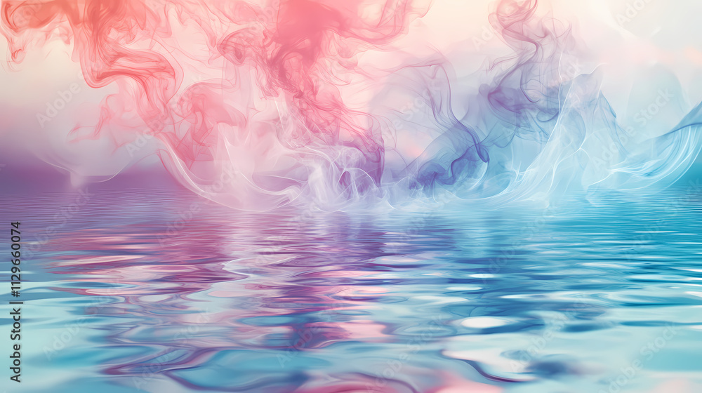 Fototapeta premium Ethereal smoke and water reflections in vibrant pink and blue hues. Serendipity. Illustration
