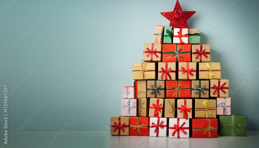 A Christmas tree made out of gifts and presents; a creative xmas tree created made from boxes of gifts and presents; presents and boxes of gifts creates a non traditional Christmas tree; xmas A Christmas tree made out of gifts and presents; a creative xmas tree created made from boxes of gifts and presents; presents and boxes of gifts creates a non traditional Christmas tree; xmas