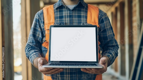 Construction worker holds a laptop with a blank white screen, suitable for advertising a renovation project. The male builder displays the computer with an empty mockup copy space for customization.
