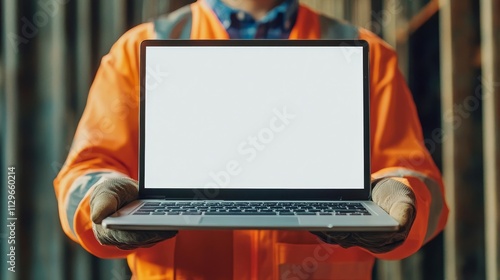 Construction worker holds a laptop with a blank white screen, suitable for advertising a renovation project. The male builder displays the computer with an empty mockup copy space for customization.