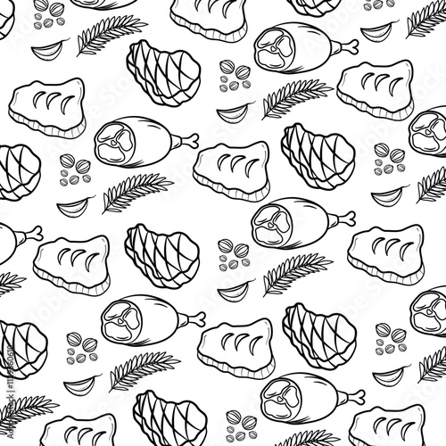 Beautiful background doodle steak meat. Steak meat background pattern. Meat Pattern Collection in Doodle. Steaks and cuts of meat inscribed seamless background.
