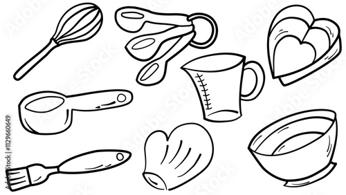 Doodle baking tools, mixer, cake, spoon, cupcake, scale. Doodle sketch style. Bakery elements drawn with digital brush pen. Hand drawn set of baking and cooking tools
