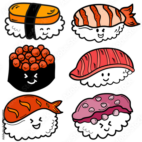 Funny sushi characters with cute faces and sashimi set. Funny japanese food. Happy sushi characters. Roll funny set. cute sushi character icon
