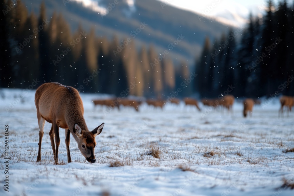 A solitary reindeer forages in a snowy field with a herd visible in the background, showcasing the beauty of wildlife in a tranquil winter setting. A solitary reindeer forages in a snowy field with a herd visible in the background, showcasing the beauty of wildlife in a tranquil winter setting.
