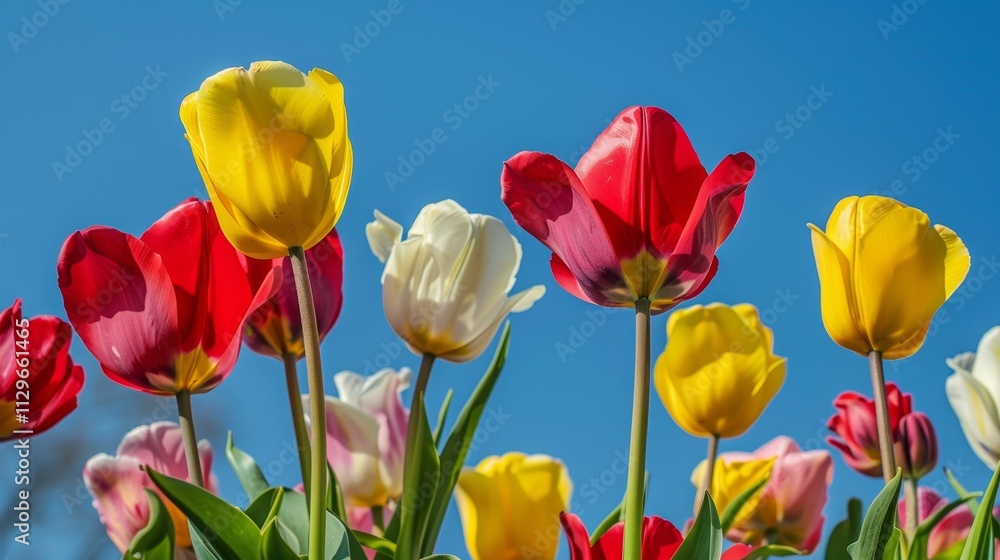 Obraz premium beautiful blooming tulips under blue sky at spring