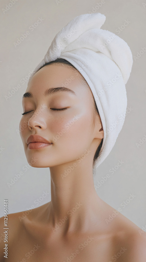 Realistic photograph of a beautiful woman with her eyes closed, showcasing flawless and clean skin, wearing a white towel wrapped around her head as part of a spa treatment. The image is isolated agai Realistic photograph of a beautiful woman with her eyes closed, showcasing flawless and clean skin, wearing a white towel wrapped around her head as part of a spa treatment. The image is isolated agai