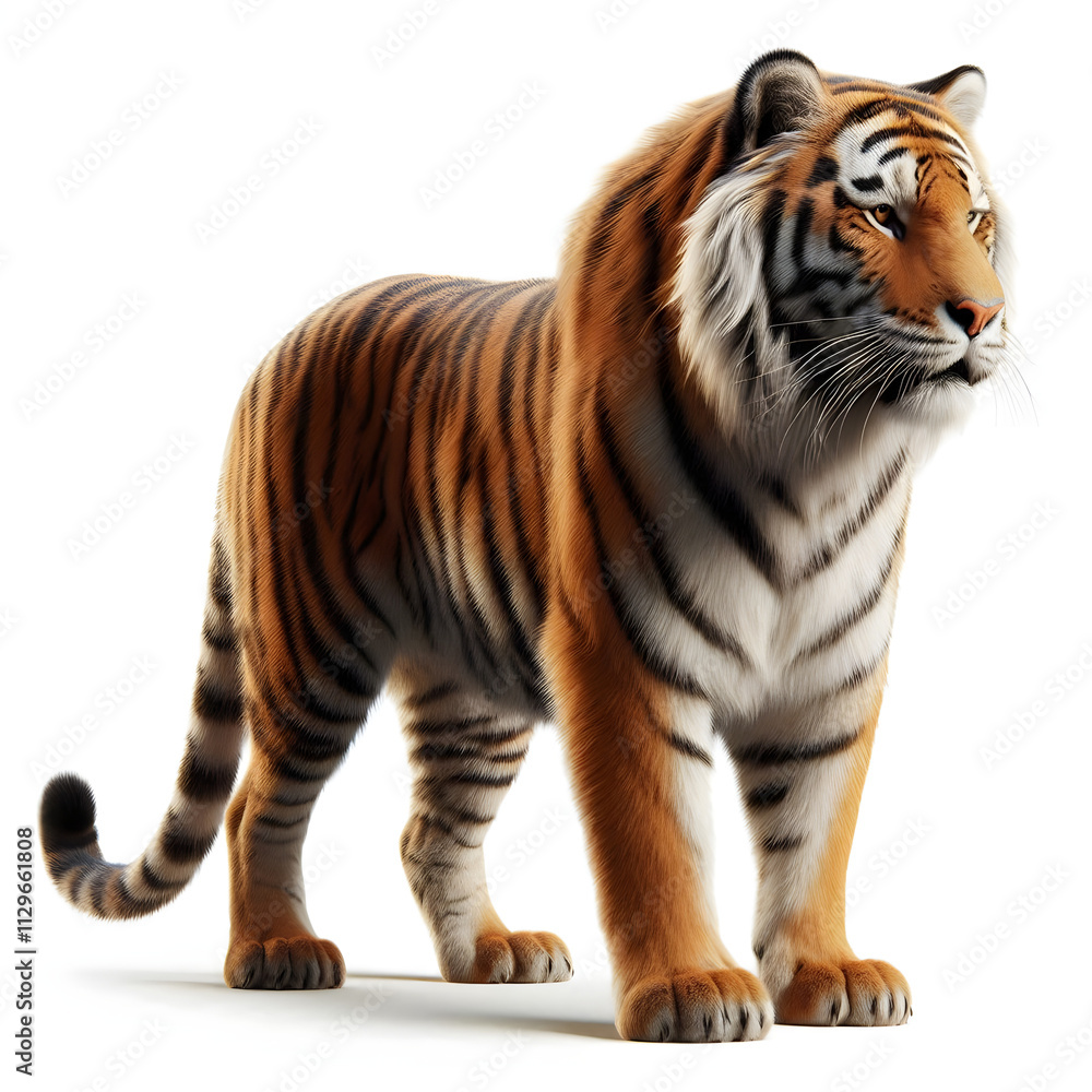 Fototapeta premium Tiger isolated on a white background, Side view, tiger standing full HD image generated by Ai. full body, realistic, full detail looking at the camera.