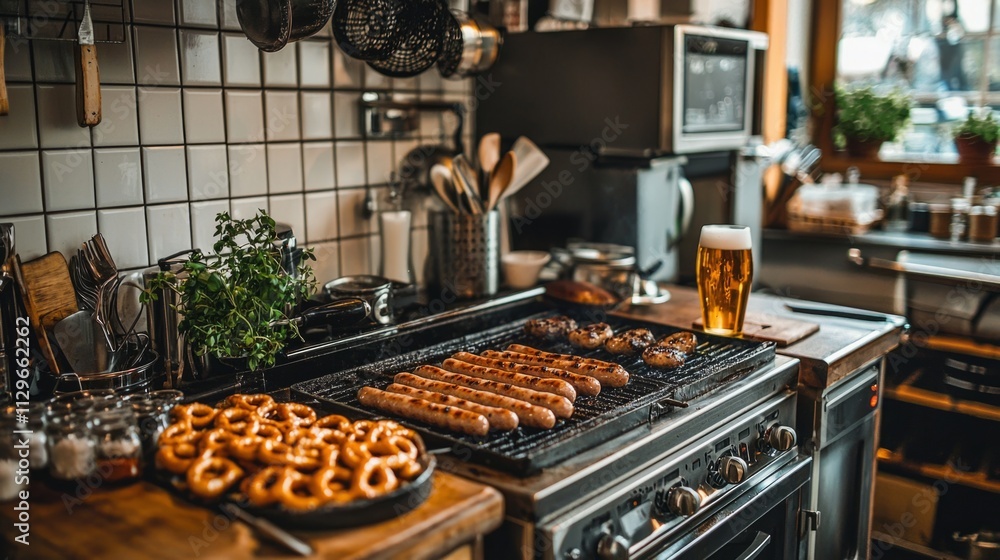 A delightful culinary scene unfolds in a charming German kitchen where sausages are sizzling on the grill, surrounded by freshly baked pretzels A delightful culinary scene unfolds in a charming German kitchen where sausages are sizzling on the grill, surrounded by freshly baked pretzels