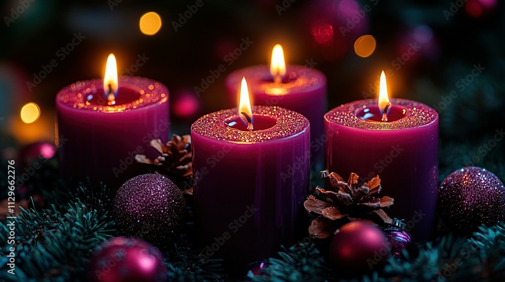 Advent Candles Glow Brightly In Festive Purple Decor Advent Candles Glow Brightly In Festive Purple Decor