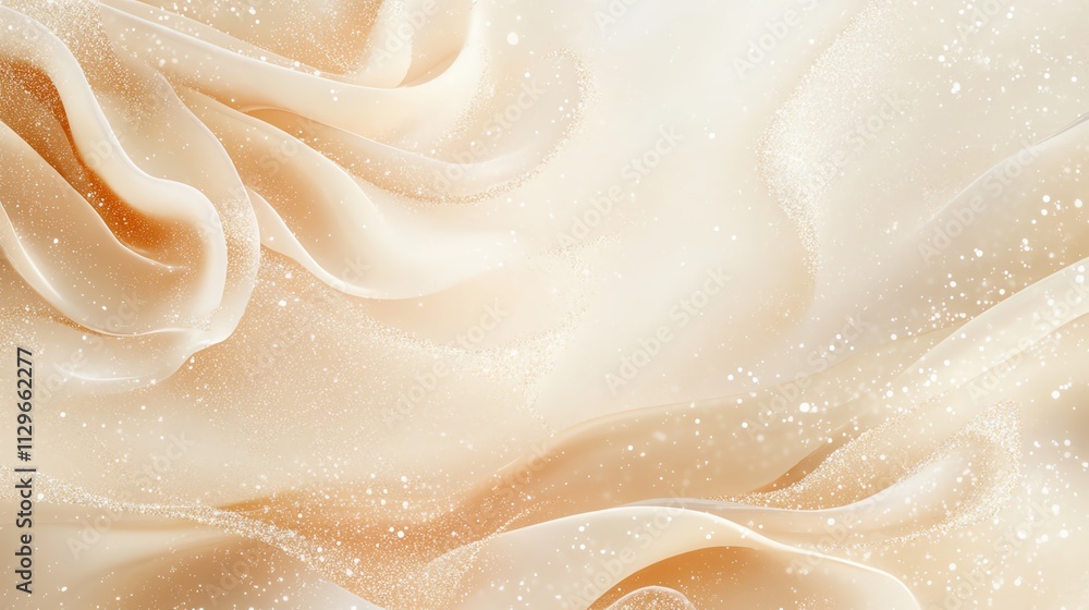 Fototapeta premium Soft beige fabric with gentle folds and scattered glitter, creating an elegant and luxurious abstract texture.