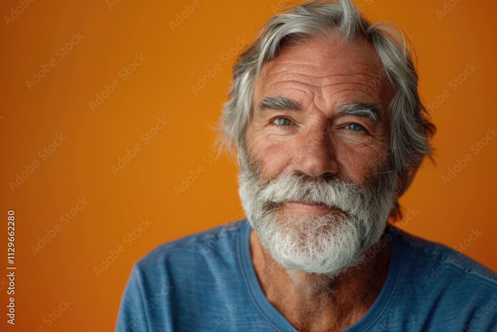 Obraz premium Elderly man in blue shirt smiling on orange background