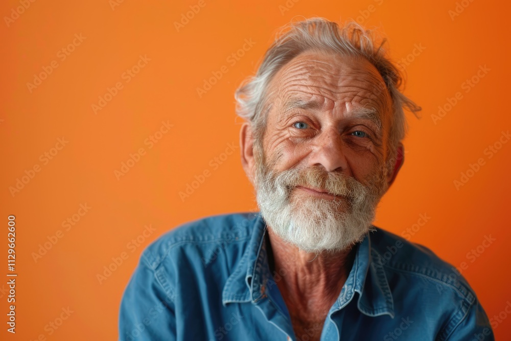 Elderly man in blue shirt smiling on orange background. Elderly man in blue shirt smiling on orange background.