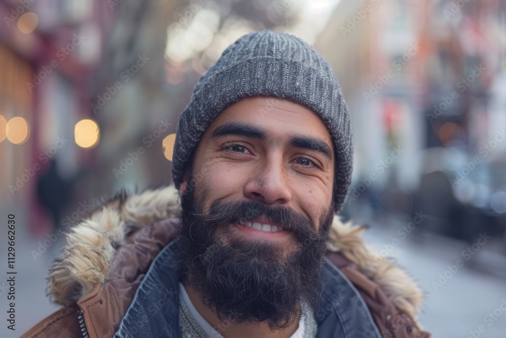 Smiling Hispanic man poses for urban street portrait. Smiling Hispanic man poses for urban street portrait.