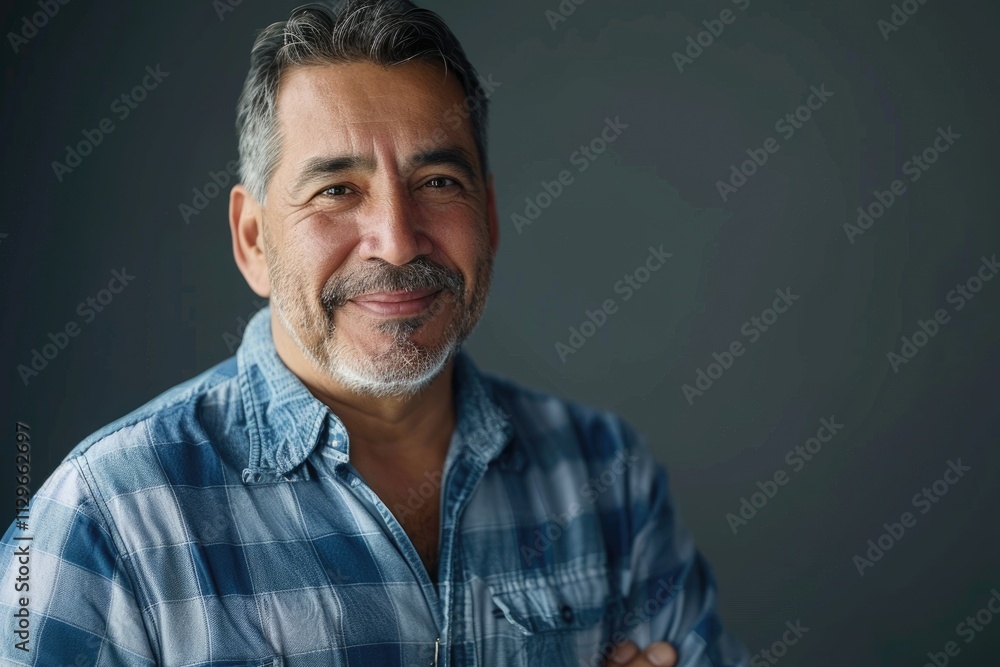 Confident hispanic mature man in shirt looking at camera and smiling Confident hispanic mature man in shirt looking at camera and smiling