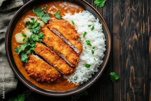 Pork tonkatsu with Japanese curry and white rice served on a brown plate atop a black wooden table with space for text or a recipe photo