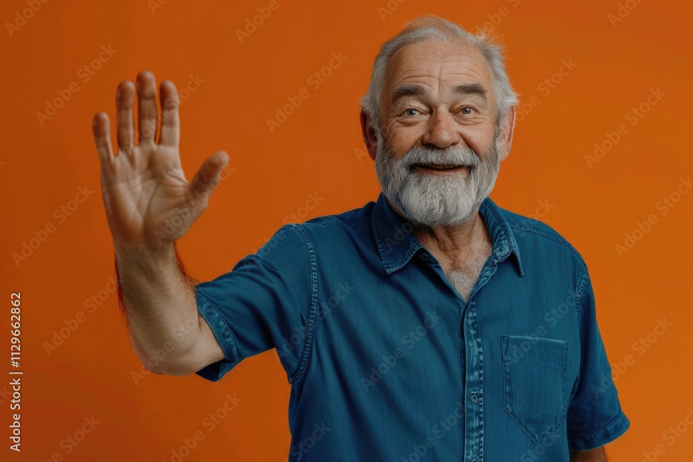 Elderly man in blue shirt smiles and waves at camera. Elderly man in blue shirt smiles and waves at camera.