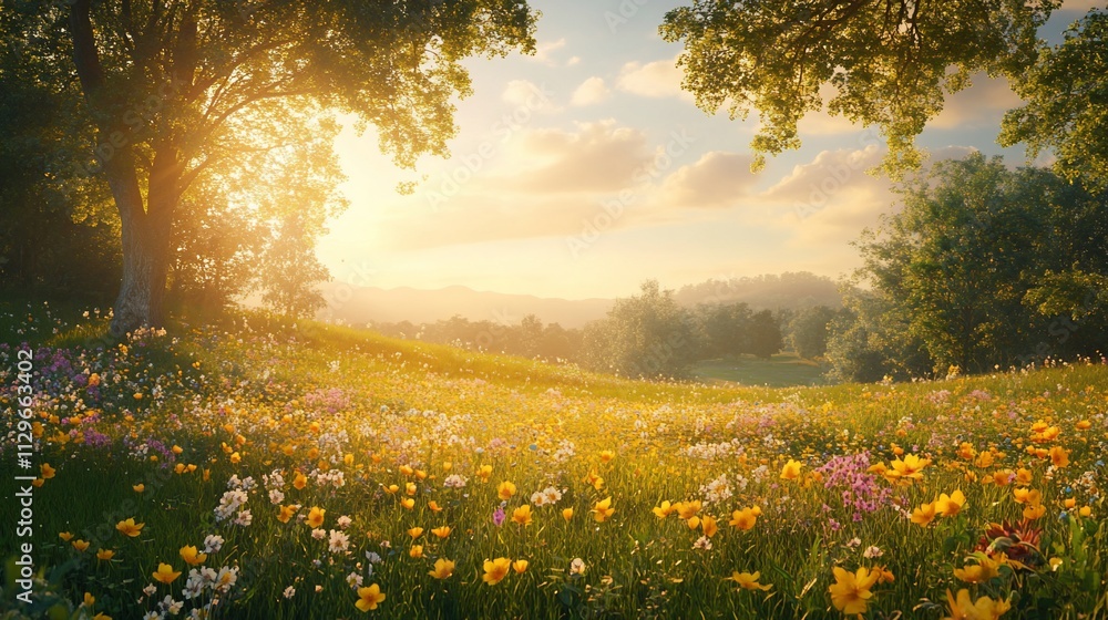 Obraz premium Idyllic sunrise over vibrant wildflowers in a lush meadow.