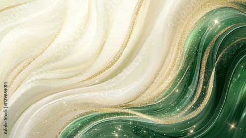 Abstract green and white wavy background with gold accents and glittering texture, perfect for elegant designs and luxurious themes.