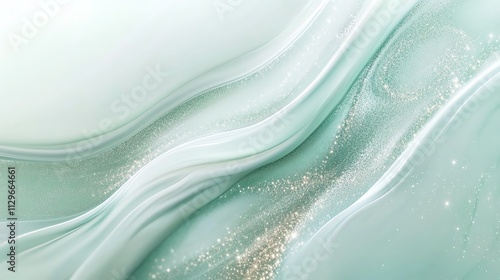 Elegant abstract green and white marble texture with subtle gold glitter accents creating a tranquil and stylish background.