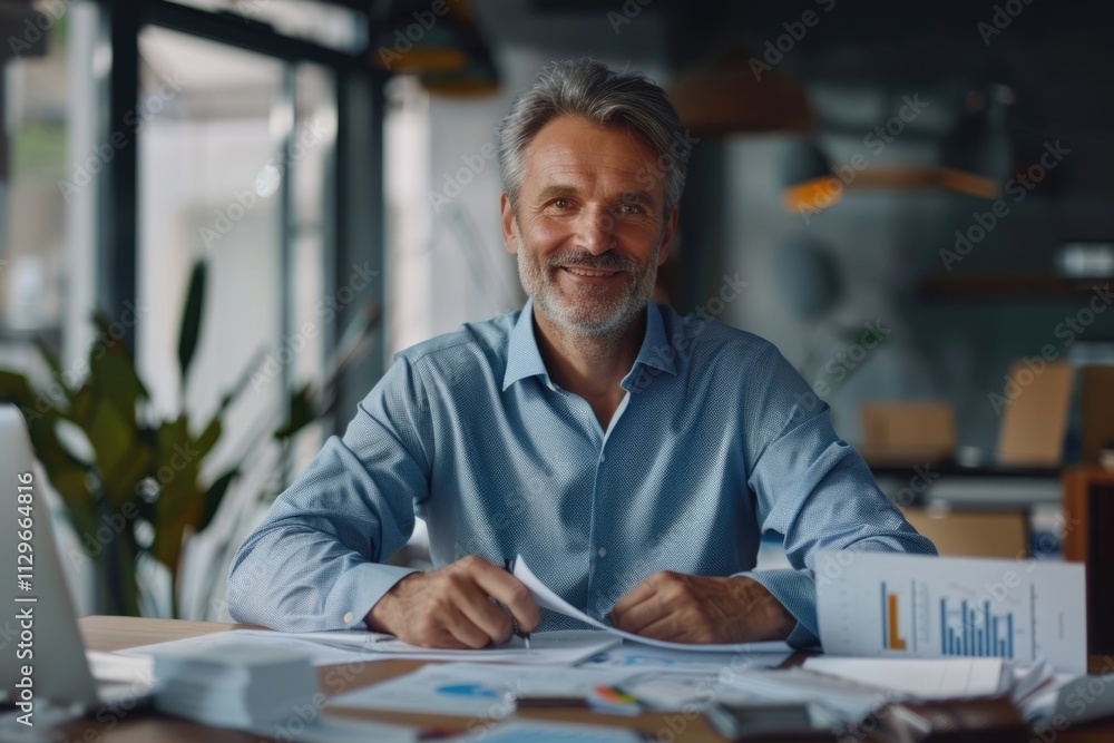Successful financier working in office smiling and using laptop. Successful financier working in office smiling and using laptop.