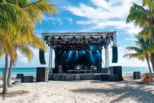 Live music stage set up on a tropical beach with palm trees under a bright blue sky before an outdoor concert. Generative AI