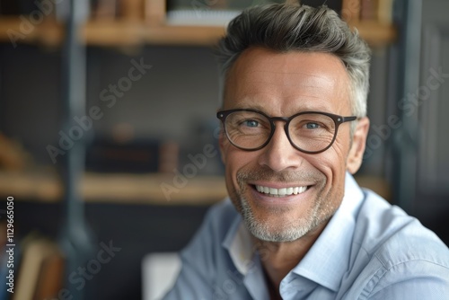 Happy middle aged banker in office portrait.