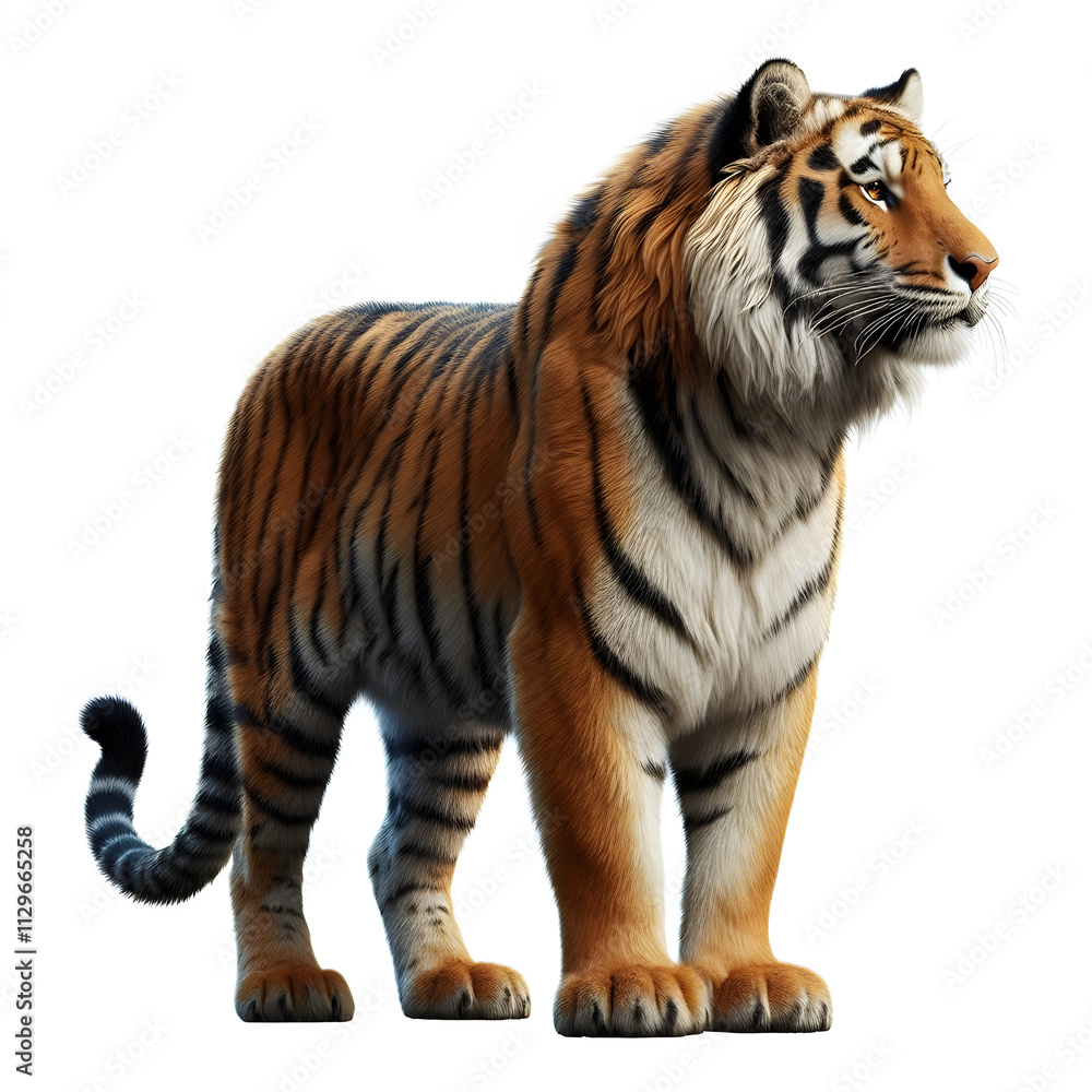 Obraz premium Tiger isolated on a white background, Side view, tiger standing full HD image generated by Ai. full body, realistic, full detail looking at the camera.