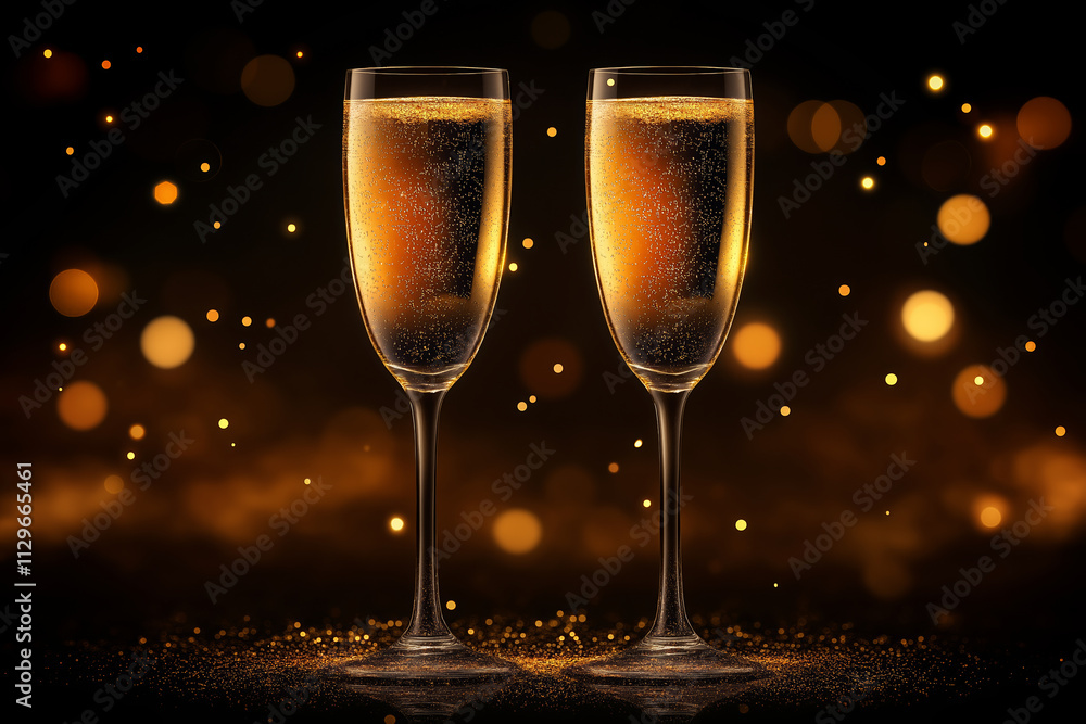 Two glasses of champagne on dark festive bokeh background. New Year celebration Two glasses of champagne on dark festive bokeh background. New Year celebration
