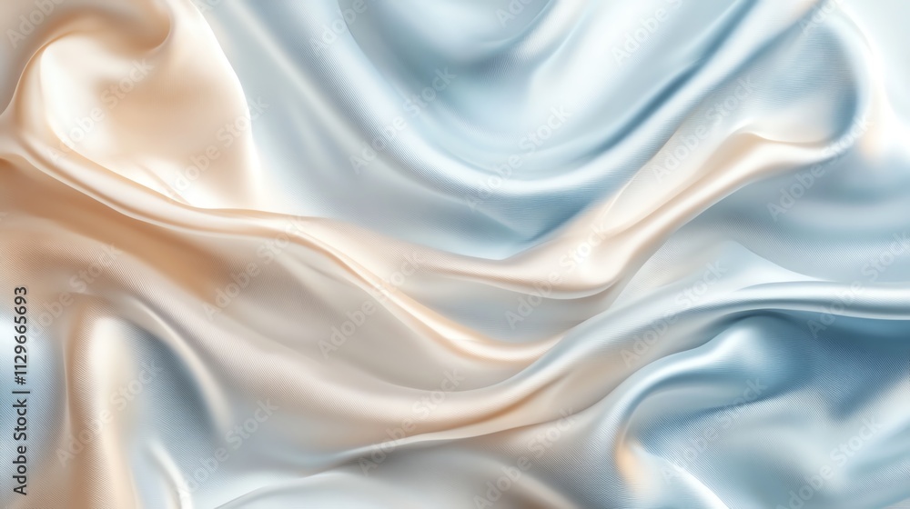 Fototapeta premium Smooth, flowing silk fabric with a gradient of beige and blue tones, creating a luxurious and elegant texture.