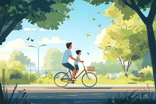 Father teaching his son to ride a bicycle on a sunny day in the park, AI Generated