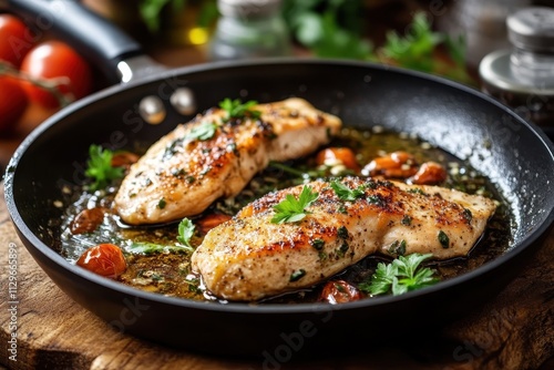 Wooden board with tasty chicken piccata in skillet