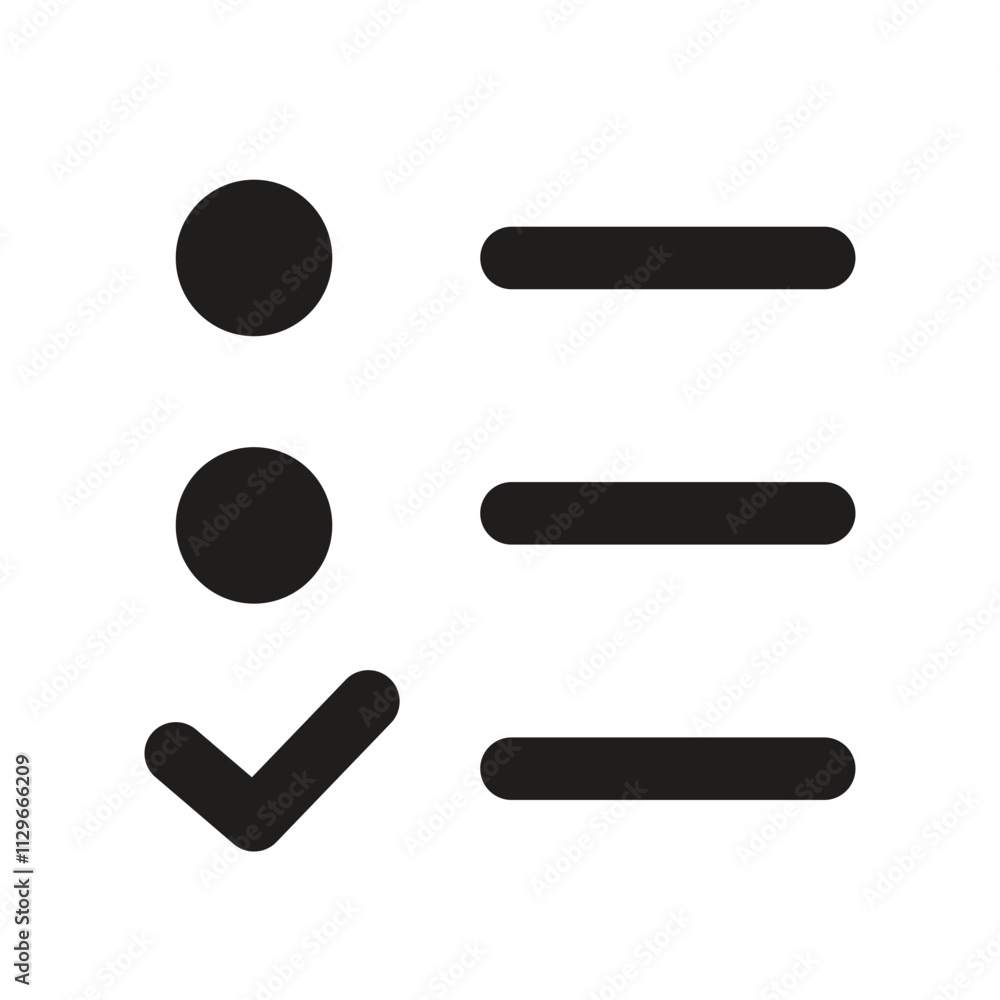 A simple white checklist icon featuring three bullet points and lines against a dark gray background. A simple white checklist icon featuring three bullet points and lines against a dark gray background.