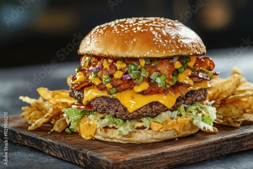 Zinger burger meal with nachos displayed on a wooden board against a grey backdrop photo