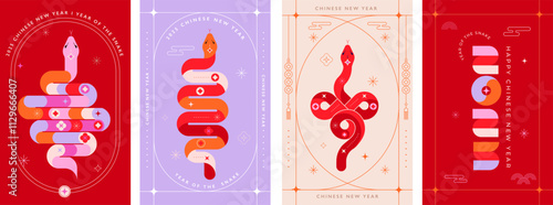 Chinese new year 2025 year of the Snake. Red Snake illustrations, vertical design, cards, banners. Traditional Chinese vector designs with snakes. Lunar new year concept, geometric modern design