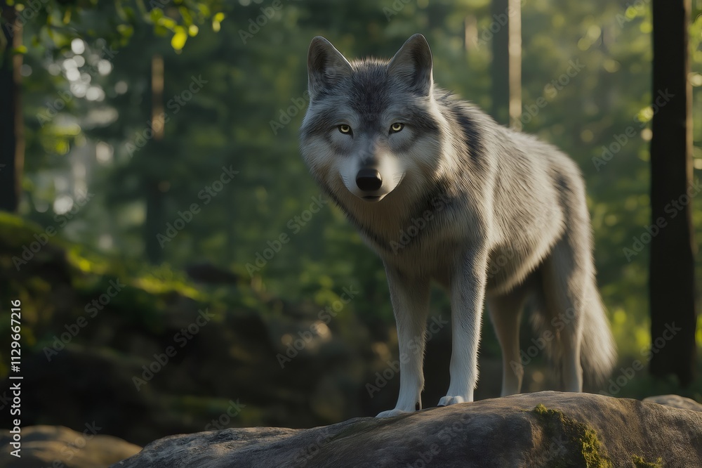 Gray wolf standing majestically on a rock in a lush forest, exuding an aura of power and dominance in its natural habitat Gray wolf standing majestically on a rock in a lush forest, exuding an aura of power and dominance in its natural habitat