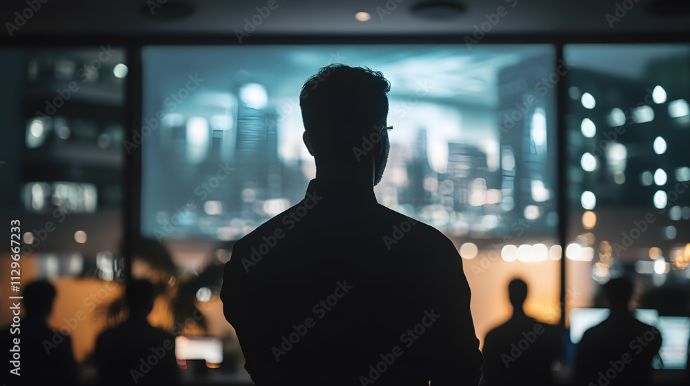 Silhouette of a man standing before a large window showcasing a vibrant cityscape at night. The scene evokes feelings of contemplation, ambition, and urban life. Silhouette of a man standing before a large window showcasing a vibrant cityscape at night. The scene evokes feelings of contemplation, ambition, and urban life.