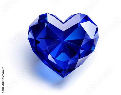 A stunning blue heart-shaped gemstone with a deep, captivating color and beautifully cut facets that reflect light brilliantly. With soft shadow on white background.