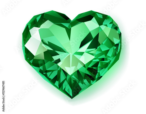 A beautiful heart-shaped gemstone with a lush green color, featuring meticulously cut facets that enhance its natural brilliance. With soft shadow on white background.