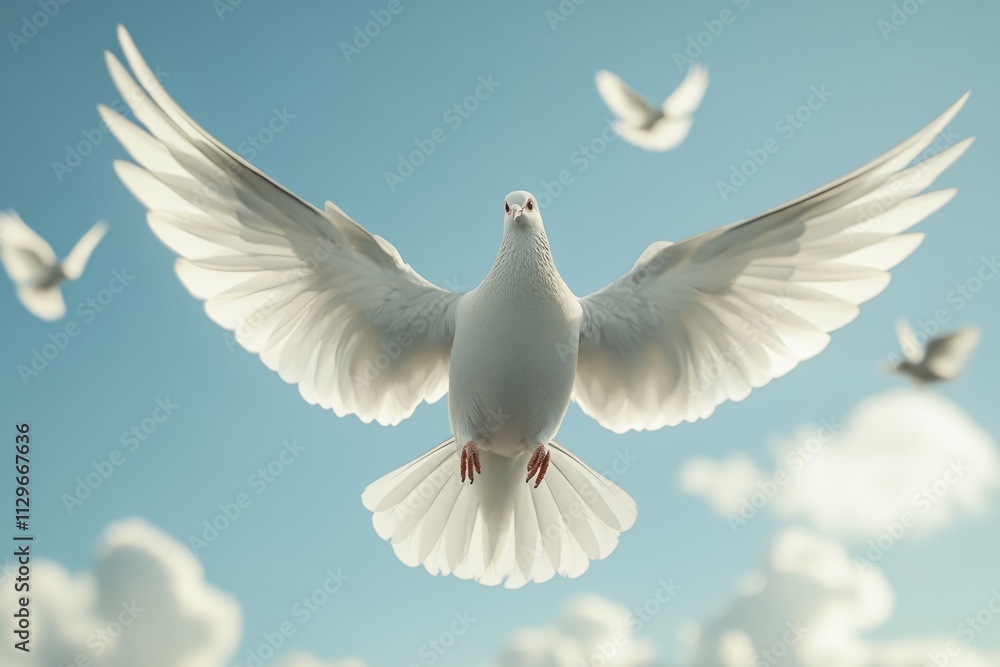 Dove soaring with wings open in the sky high quality photo. Dove soaring with wings open in the sky high quality photo.