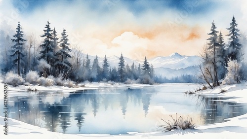 Winter wonderland landscape featuring a serene frozen lake surrounded by snow-covered trees