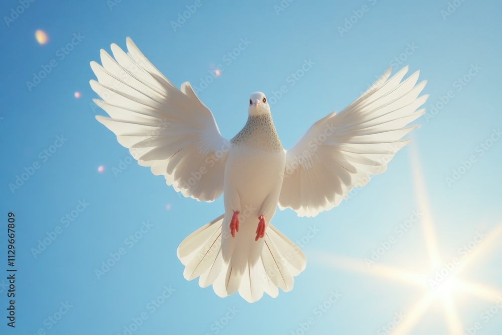 Dove soaring with wings open against blue sky Dove soaring with wings open against blue sky