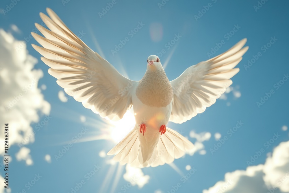 Obraz premium Dove soaring with wings open against blue sky