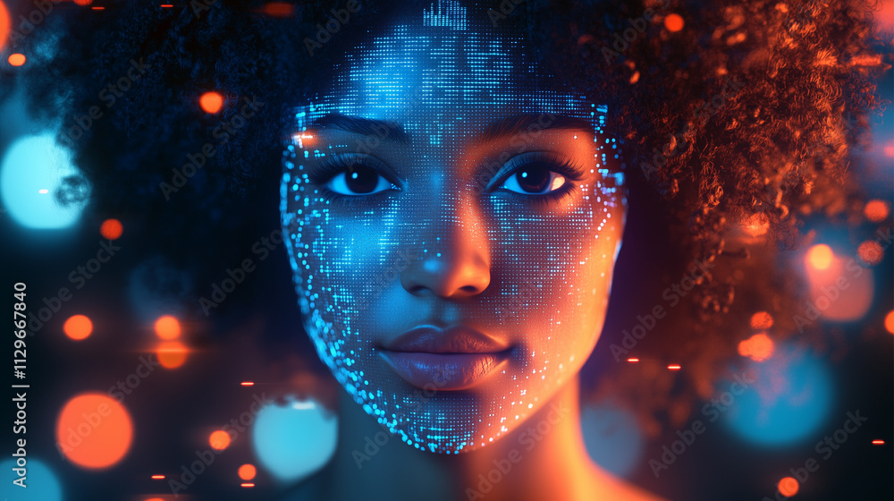 African American Girl Using Augmented Reality A Young Data Modern Scientist Private Data Leak Design AR,VR Illustration A Blue Orange Purple Calm Hologram Virtual Reality, Machine Learning AI African American Girl Using Augmented Reality A Young Data Modern Scientist Private Data Leak Design AR,VR Illustration A Blue Orange Purple Calm Hologram Virtual Reality, Machine Learning AI