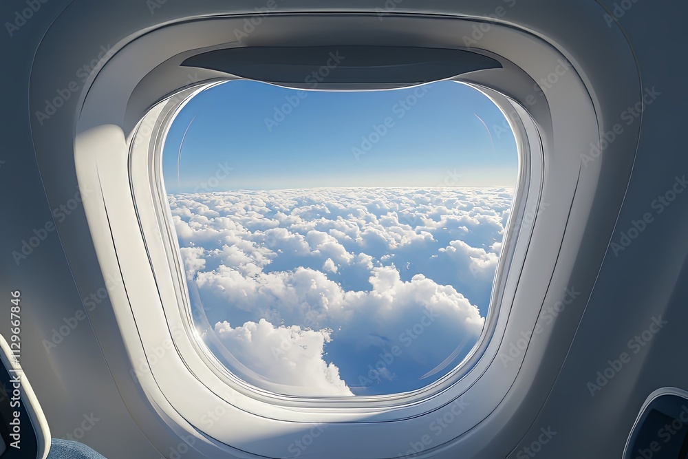 Passenger view of fluffy clouds beneath a plane window on a sunny day during a flight. Generative AI Passenger view of fluffy clouds beneath a plane window on a sunny day during a flight. Generative AI