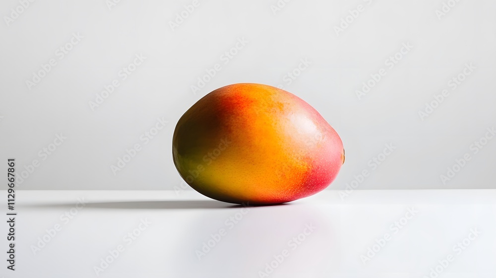 A Single Ripe Mango Rests On A White Surface A Single Ripe Mango Rests On A White Surface