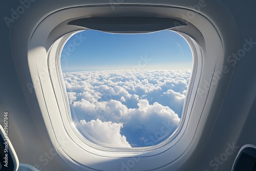 Passenger view of fluffy clouds beneath a plane window on a sunny day during a flight. Generative AI