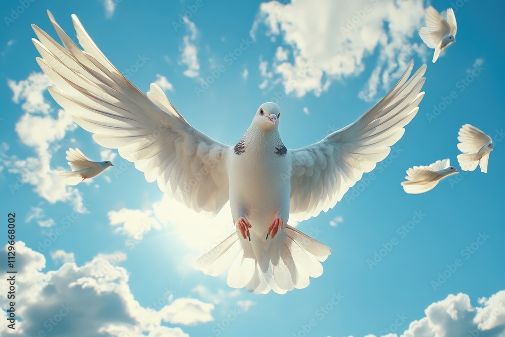 Dove soaring with wings open against blue sky Dove soaring with wings open against blue sky