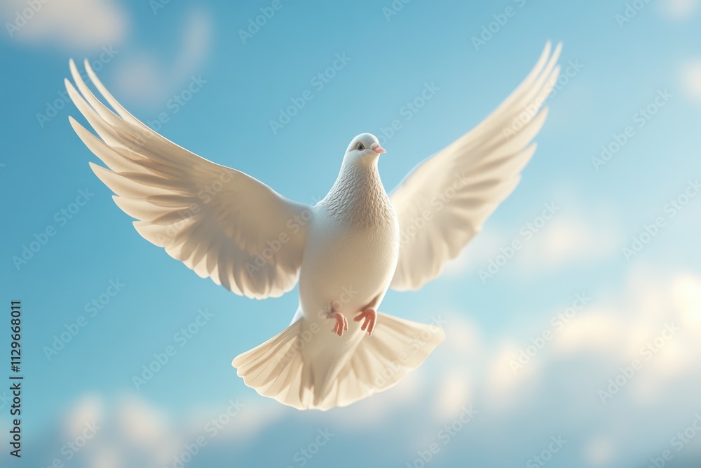 Dove soaring with wings open against blue sky Dove soaring with wings open against blue sky