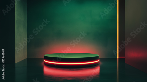 Green Cylindrical Stage with Red Neon Luxury Stone in Studio Modern Room for Product Placement contemporary Marketing of Products in Space Rich Cylindrical Stage with Red Neon for New Promotion