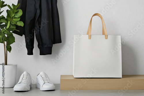 Minimalist white shopping bag with customizable design featuring a golden plant illustration, displayed alongside a black jacket and white sneakers photo